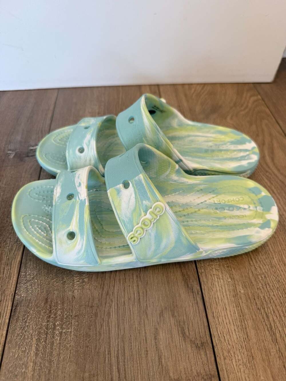 Crocs Classic Marbled Two-Strap Sandals in Blue and Green